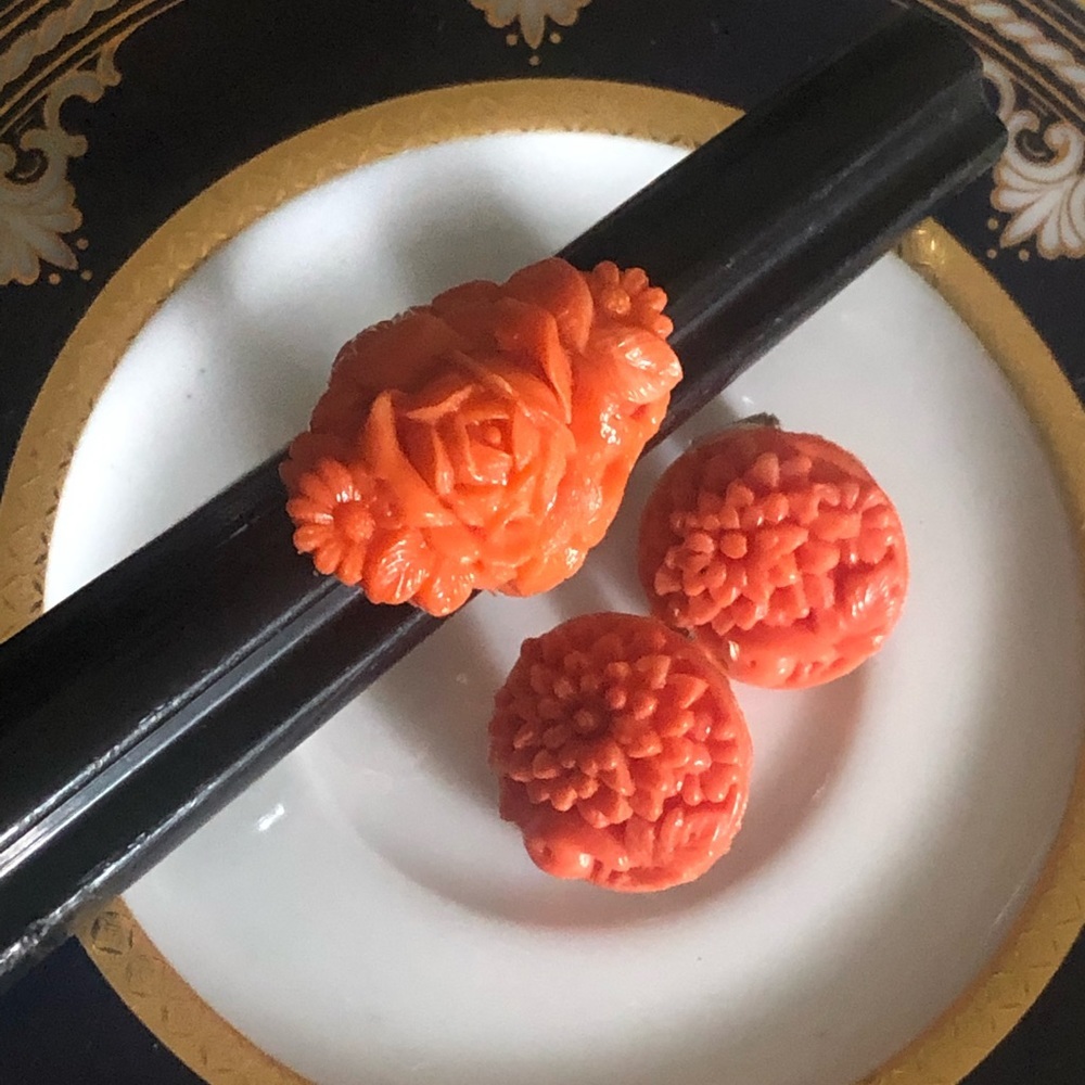 Vintage Carved Coral Celluloid Ring & Earrings